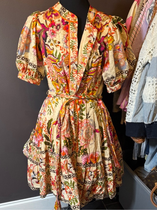 A Loves A Dresses & Skirts - Cream Floral Puff-Sleeve Mini Dress with Tie Waist